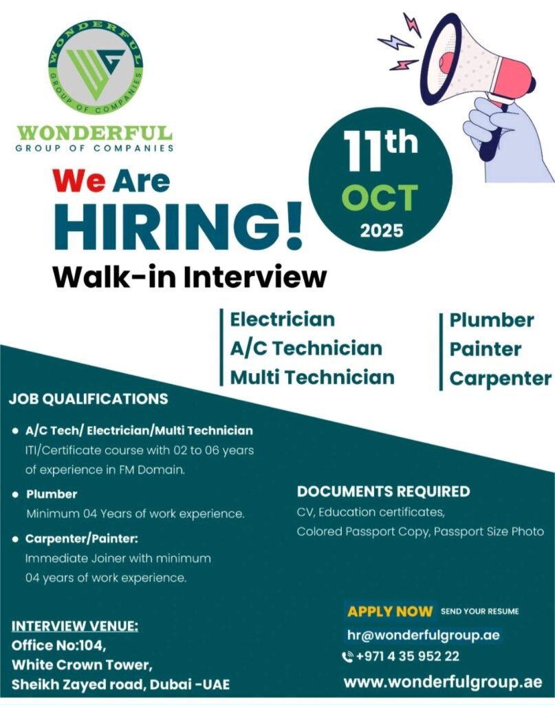 Wonderful Group of Companies is Hiring Technical Staff in Dubai