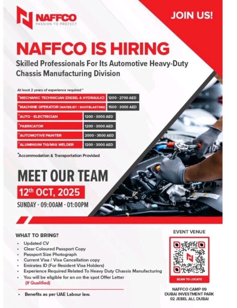NAFFCO careers, NAFFCO jobs Dubai, walk in interview Dubai, heavy duty chassis jobs, automotive jobs UAE, mechanic technician jobs Dubai, auto electrician vacancy, fabricator jobs, Dubai Investment Park jobs, NAFFCO hiring 2025, skilled labour jobs Dubai, UAE manufacturing jobs.
