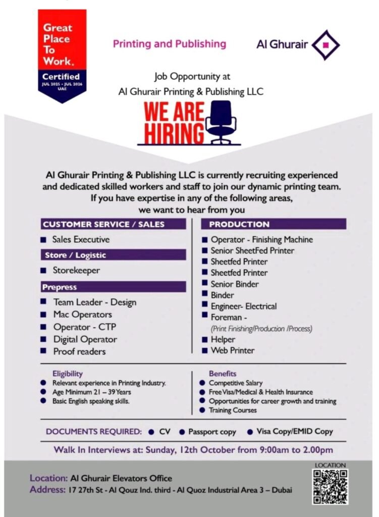 Al Ghurair Printing & Publishing LLC Announces Walk-In Interviews in Dubai