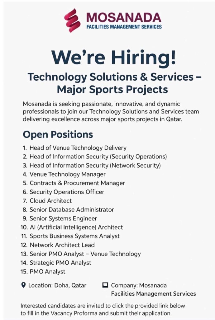 Drive Innovation in Sports: Mosanada FMS is Hiring for Technology Roles in Qatar 1 Mosanada FMS is Hiring for Technology Roles in Qatar