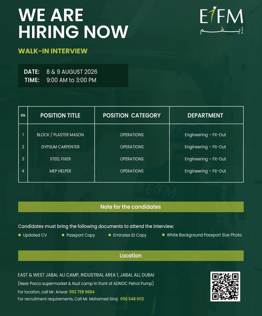EIFM Walk-In Interview 2026: Engineering Fit-Out Department Jobs in Dubai 1 EIFM Walk-In Interview 2026: Engineering Fit-Out Department Jobs in Dubai