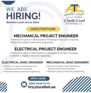 construction jobs Dubai, engineering vacancies UAE, mechanical engineer jobs Dubai, electrical engineer career, QAQC engineer jobs, MEP jobs Dubai, building construction company careers, AITurath AIAseel hiring, project engineer jobs, Dubai construction careers, apply for engineer job Dubai.
