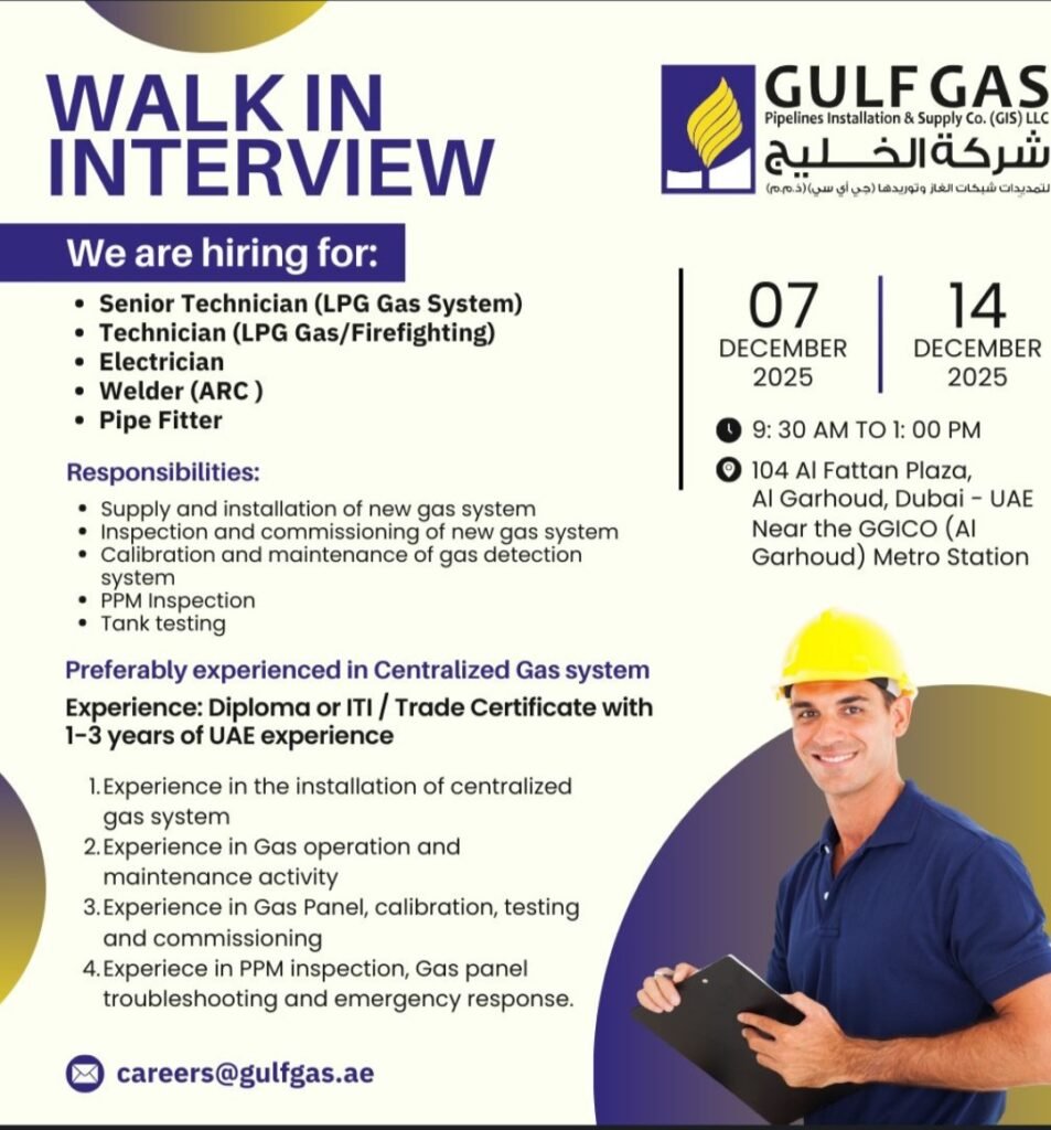 walk in interview Dubai December 2025, Gulf Gas careers, LPG technician jobs UAE, electrician vacancy Dubai, welder pipe fitter jobs, UAE jobs for technicians, Gulf Gas Pipeline Installation jobs, GGICO metro station jobs, technical jobs in Dubai, immediate hiring Dubai