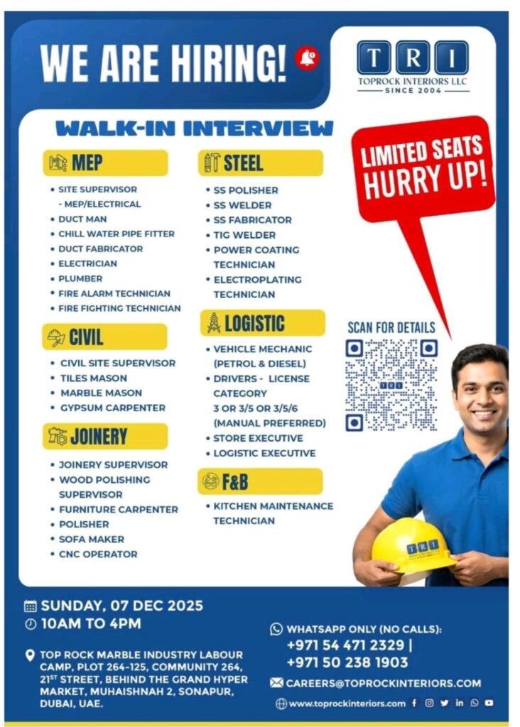 TopRock Interiors Group Dubai Walk-In Interview: Apply for Skilled Jobs on December 7, 2025 1 TopRock Interiors Group Dubai Walk-In Interview