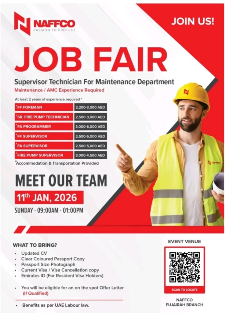 NAFFCO walk in interview, Fujairah jobs, UAE maintenance jobs, fire safety careers, walk in interview Fujairah 2026, NAFFCO careers, technician jobs UAE, supervisor jobs UAE, AMC jobs, fire pump technician, FA programmer job, UAE job fair, immediate hiring Fujairah, accommodation and transportation jobs UAE