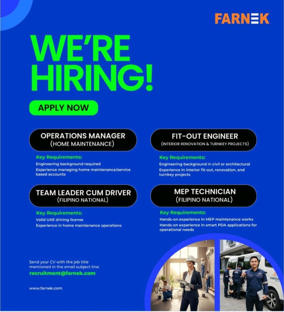 Farnek Services LLC,Farnek careers, UAE jobs 2024, facilities management jobs, operations manager vacancy, fit out engineer UAE, MEP technician jobs, driver jobs in UAE, home maintenance jobs, career opportunities UAE, Farnek hiring, UAE employment, professional jobs Dubai, engineering careers UAE, Filipino jobs in UAE