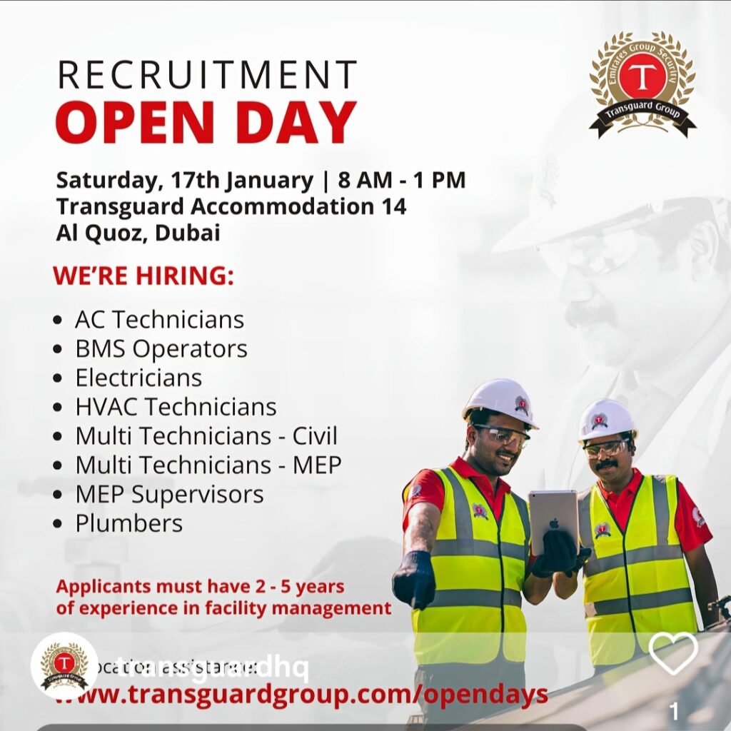 Transguard,Transguard Open Day Dubai, facility management jobs Dubai, HVAC technician jobs Dubai, MEP supervisor vacancy, electrician jobs in Dubai, walk in interview Dubai January, Transguard careers, BMS operator jobs, technical jobs UAE, Al Quoz recruitment event