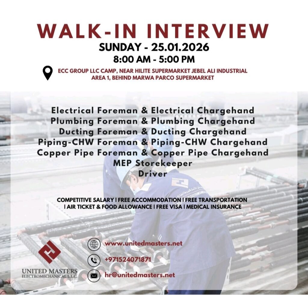 United Masters and ECC Group Walk-In Interview Announcement 2026 : MEP Jobs in Dubai 1 United Masters