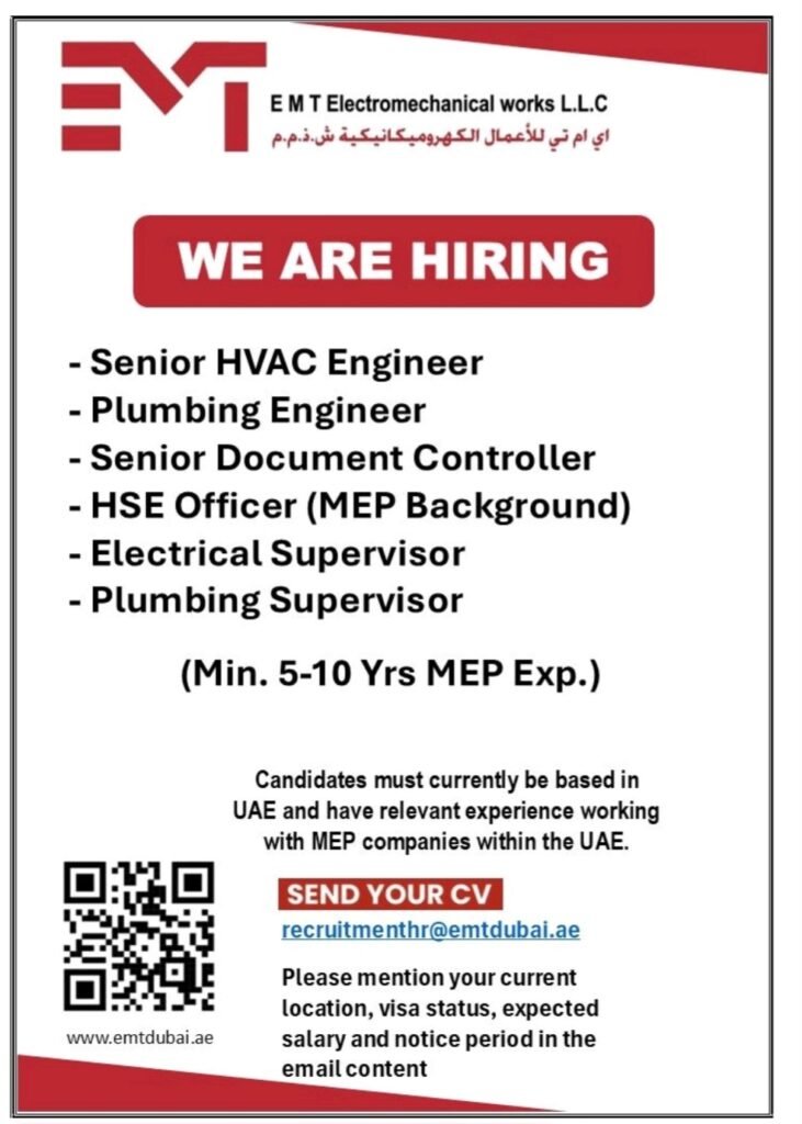 EMT Electromechanical Works LLC Announces New Job Openings in Dubai for MEP Professionals 1 EMT Electromechanical Works