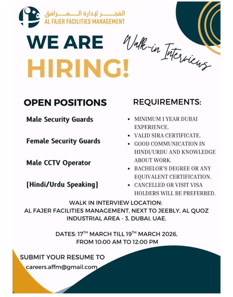 Exciting Career Opportunities at Al Fajer Facilities Management: Walk-In Interviews in Dubai 2026