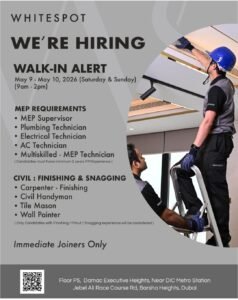 Whitespot Walk‑In Interview 2026: MEP & Civil Finishing Jobs in Dubai (May 9–10) 1 Whitespot Walk‑In Interview 2026: MEP & Civil Finishing Jobs in Dubai (May 9–10)