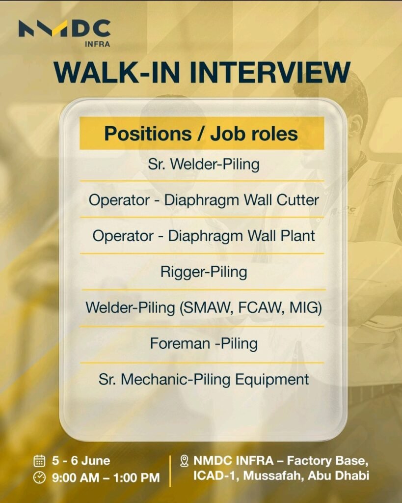 NMDC INFRA Mega Walk-in Interview 2026: Immediate Hiring in Abu Dhabi