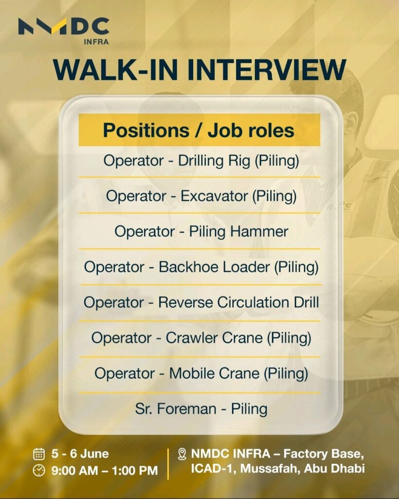 NMDC INFRA Mega Walk-in Interview 2026: Immediate Hiring in Abu Dhabi