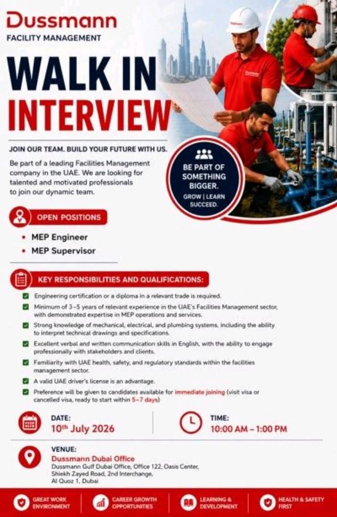 Dussmann Gulf Walk-In Interview 2026 for MEP Engineer & MEP Supervisor | Dubai Jobs 1 Dussmann Gulf Walk-In Interview 2026 for MEP Engineer & MEP Supervisor | Dubai Jobs