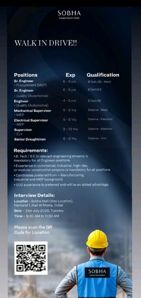 Sobha Constructions Walk-In Interview 2026 – Latest Dubai Jobs for Engineers & Supervisors 1 Sobha Constructions Walk-In Interview 2026 – Latest Dubai Jobs for Engineers & Supervisors