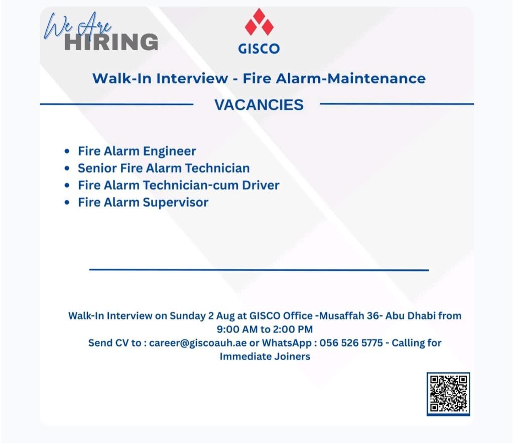 GISCO Walk-In Interview 2026: Fire Alarm Maintenance Jobs in Abu Dhabi 1 GISCO Walk-In Interview 2026: Fire Alarm Maintenance Jobs in Abu Dhabi