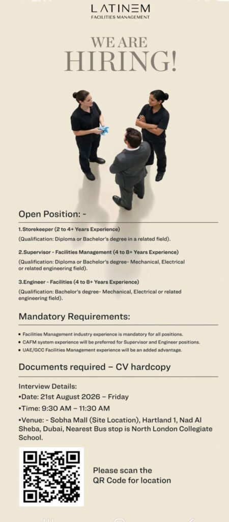 Latinem Facilities Management Jobs 2026 – Walk-In Interview in Dubai 1 Latinem Facilities Management Jobs 2026 – Walk-In Interview in Dubai