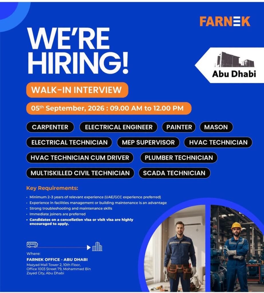 Farnek Walk-In Interview 2026 in Abu Dhabi – Multiple Technical Jobs