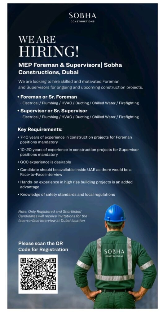 Sobha Constructions Jobs in Dubai – MEP Foreman & Supervisor Vacancies 1 Sobha Constructions Jobs in Dubai – MEP Foreman & Supervisor Vacancies
