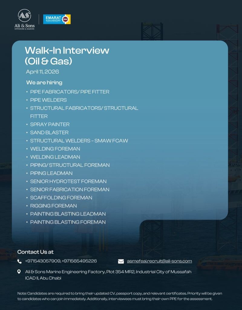 Walk-In Interview at Ali & Sons Marine Engineering Factory (ASMEF) – Oil & Gas Jobs in Abu Dhabi – 2026 1 Walk-In Interview at Ali & Sons Marine Engineering Factory (ASMEF) – Oil & Gas Jobs in Abu Dhabi – 2026
