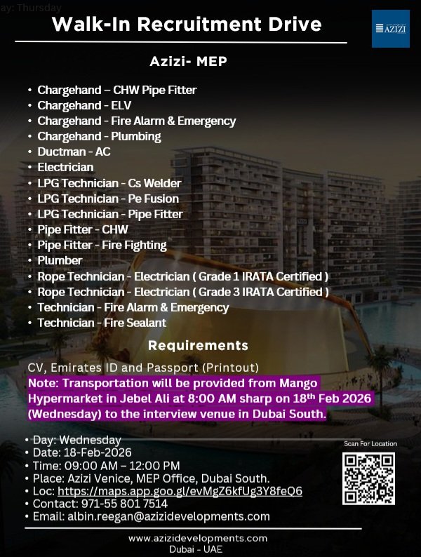 Walk-In Recruitment Drive at Azizi Developments MEP – Multiple Technical Jobs in Dubai South (Feb 2026) 1 Azizi Developments