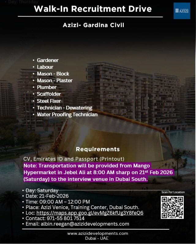 Azizi Developments Walk-In Interview 2026: Urgent Hiring for Gardina Civil Project in Dubai South 1 Azizi Developments