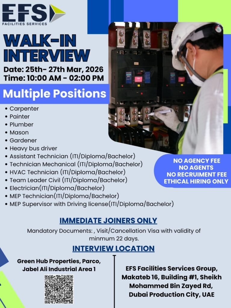 EFS Facilities Services Walk-In Interview 2026: Multiple Technical & Skilled Jobs in Dubai (March 25–27, 2026) 1 EFS Facilities Services Walk-In Interview 2026
