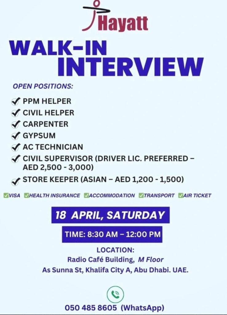 Hayatt Group Walk-In Interview in Abu Dhabi 2026
