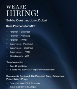 Sobha Constructions Dubai is Hiring MEP Staff – Walk-in Interview on 2nd May 2026