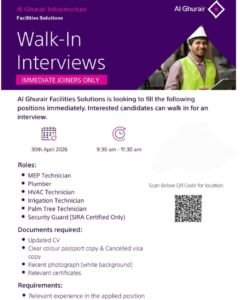 Al Ghurair Walk-in Interviews in Dubai: Immediate Openings for MEP, HVAC, Plumber & More (30th April 2026)
