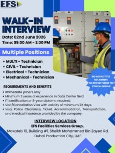EFS Facilities Services Walk-In Interview 2026 for Technician Jobs in Dubai 1 EFS Facilities Services Walk-In Interview 2026 for Technician Jobs in Dubai