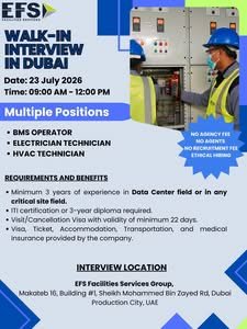 EFS Facilities Services Walk-In Interview in Dubai 2026 – BMS Operator, Electrician & HVAC Technician Jobs 1 EFS Facilities Services Walk-In Interview in Dubai 2026 – BMS Operator, Electrician & HVAC Technician Jobs