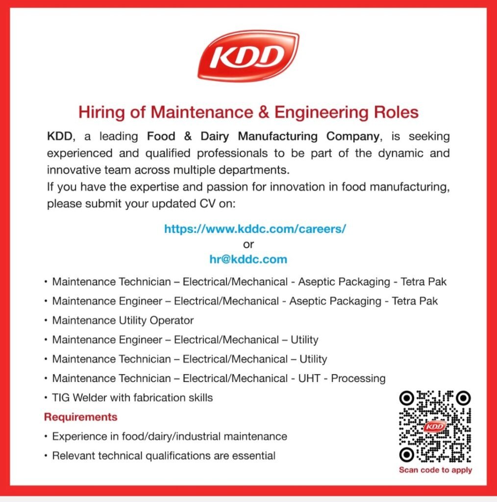 Explore KDD Careers 2026: Hiring for Maintenance & Engineering Professionals 1 Kuwaiti Danish Dairy Company (KDD),