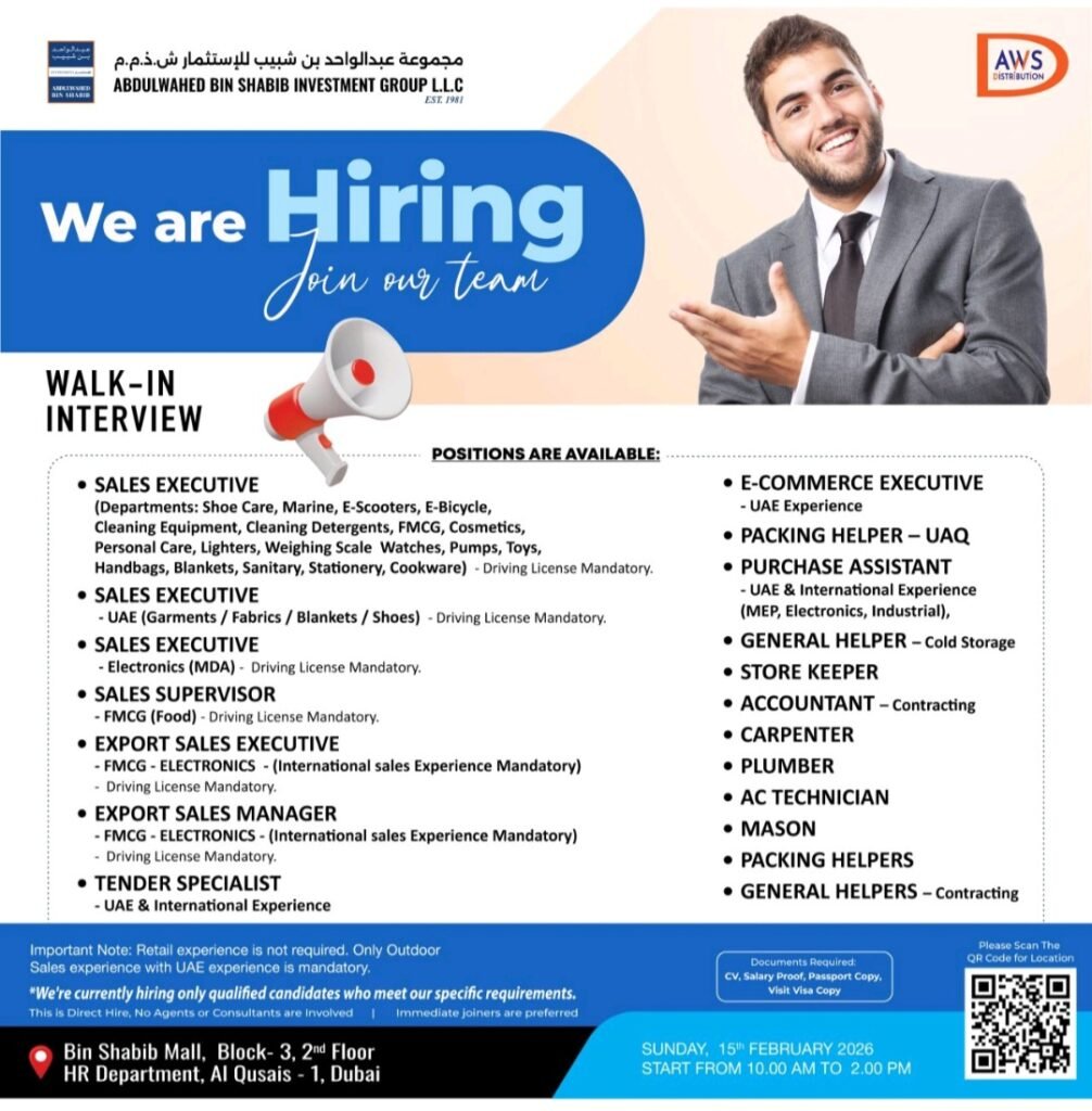 Walk-In Interview in Dubai 2026: AWS Distribution Hiring Sales, FMCG & Electronics Professionals 1 AWS Distribution
