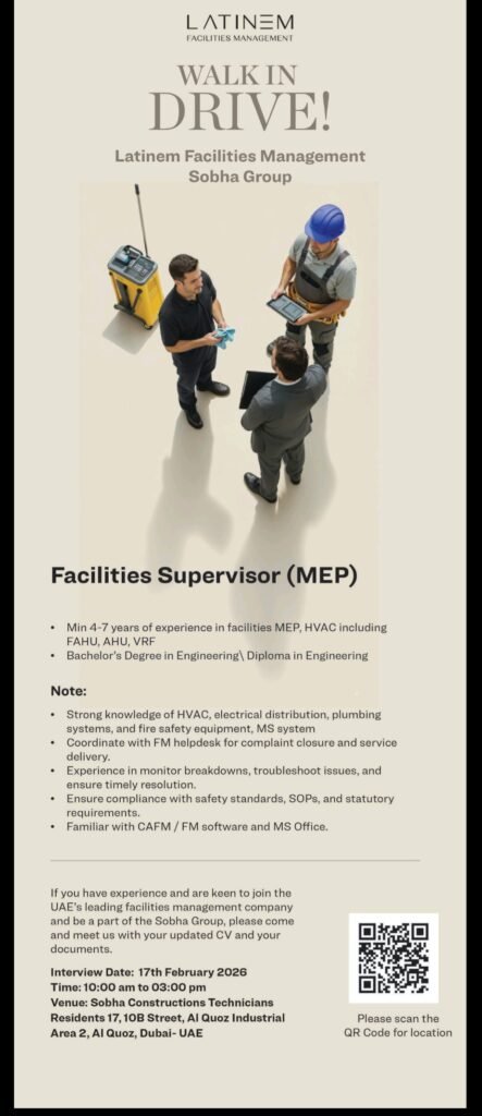 Facilities Supervisor (MEP) Walk-in Drive in Dubai – Latinem Facilities Management (Sobia Group) 1 Latinem Facilities Management
