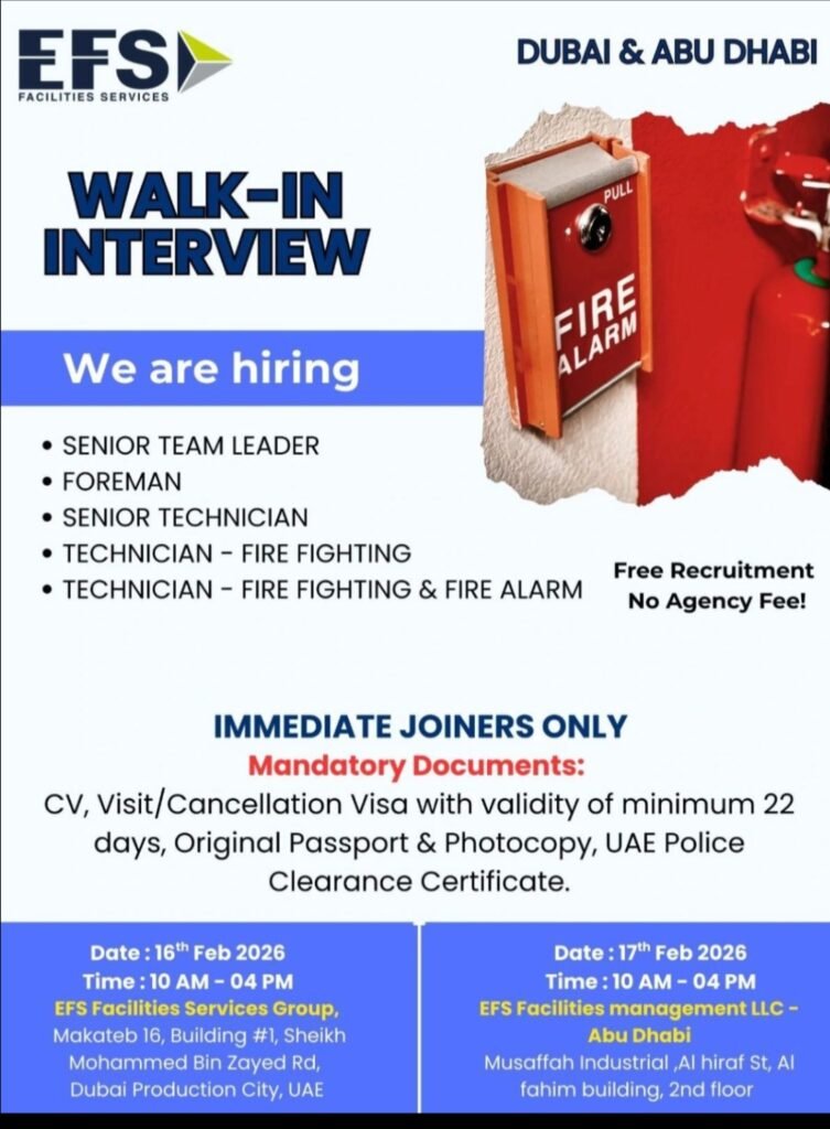 Walk-in Interview in Dubai & Abu Dhabi: EFS Facilities Services Hiring Multiple Technicians & Supervisors 2026 1 EFS Facilities Services