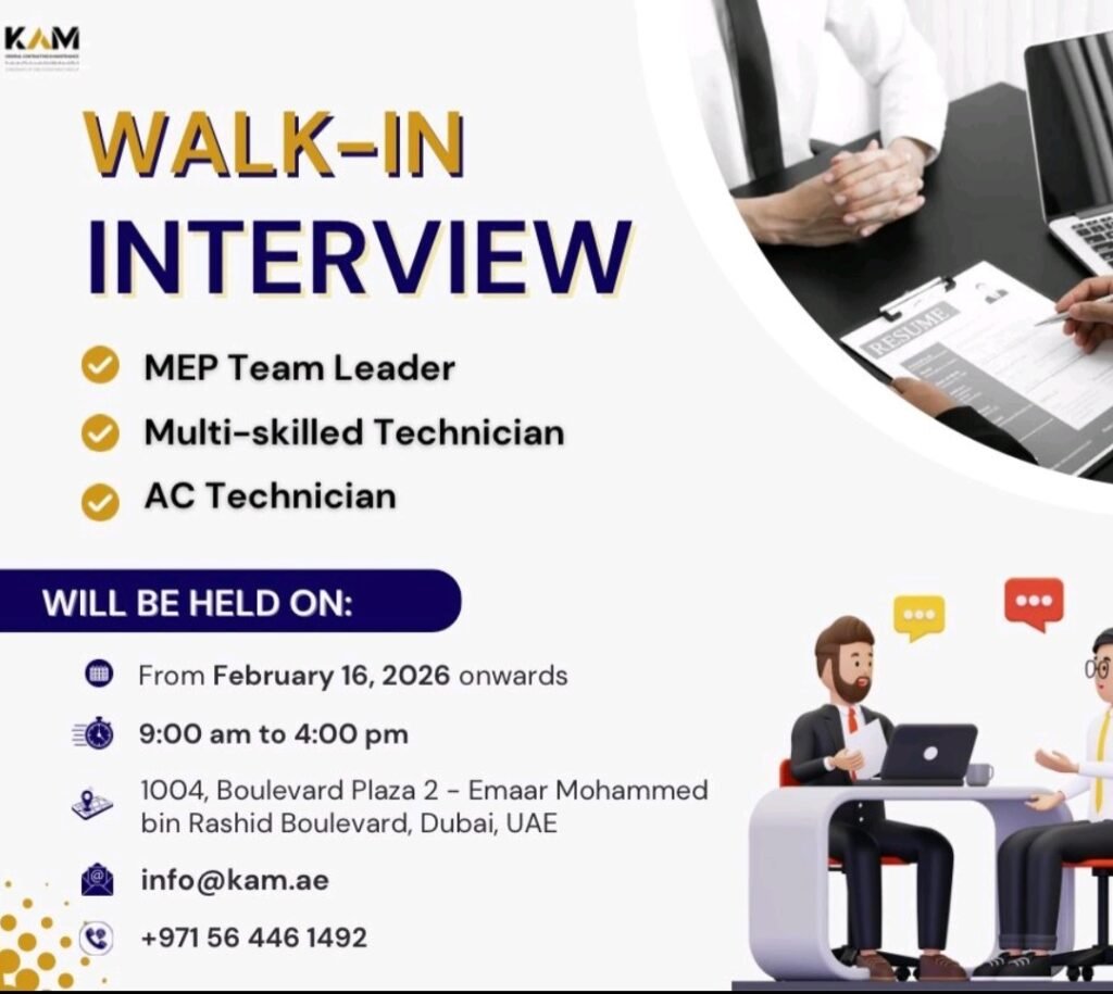 KAM Walk-In Interview for MEP Team Leader, AC Technician & Multi-Skilled Technician in Dubai & Abu Dhabi 2 KAM