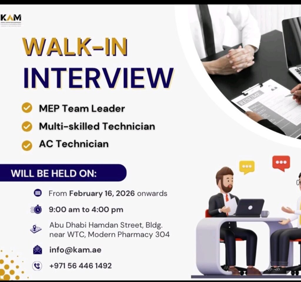 KAM Walk-In Interview for MEP Team Leader, AC Technician & Multi-Skilled Technician in Dubai & Abu Dhabi 1 KAM