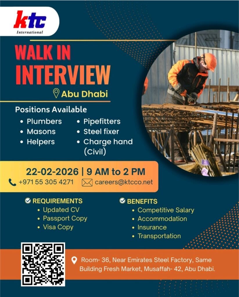 Walk in Interview in Abu Dhabi: KTC International Hiring on 22nd February 2026 1 KTC International