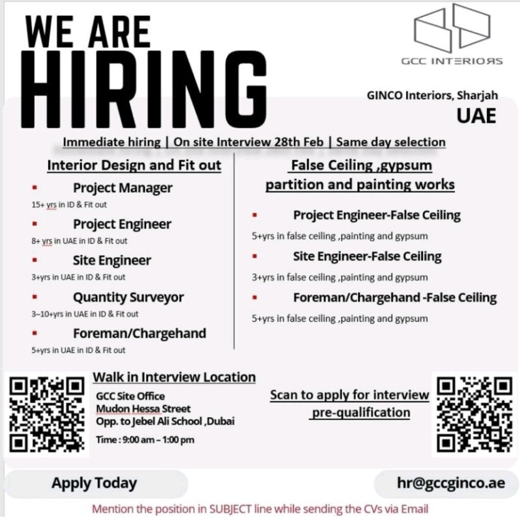 GCC Walk in Interview 28th February 2026 – Interior Design & Fit Out Jobs in Dubai 1 GCC