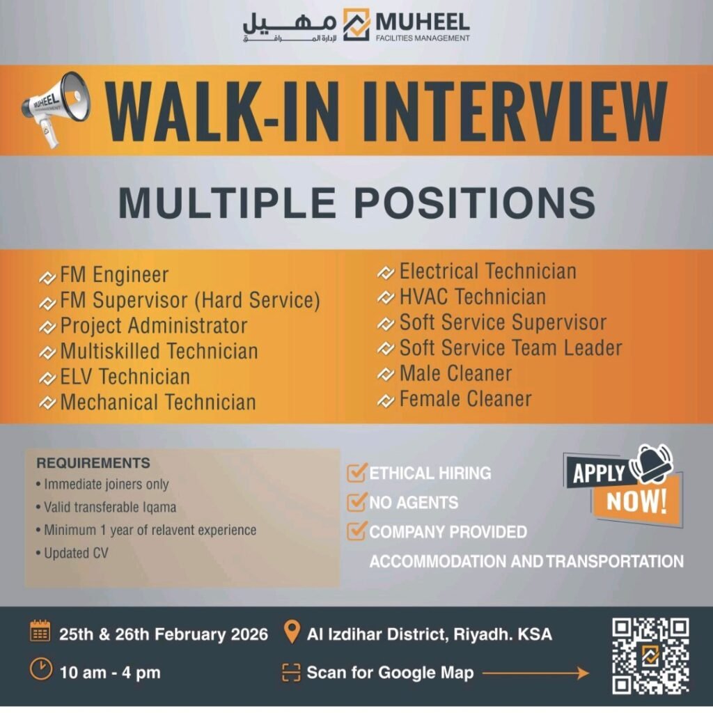 Muheel Facilities Management Walk-In Interview 2026: Multiple Vacancies in Riyadh 1 Muheel Facilities Management