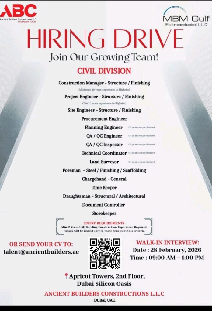 Ancient Builders Constructions Hiring Drive 2026: Walk-in Interview in Dubai Silicon Oasis 1 Ancient Builders Constructions LLC