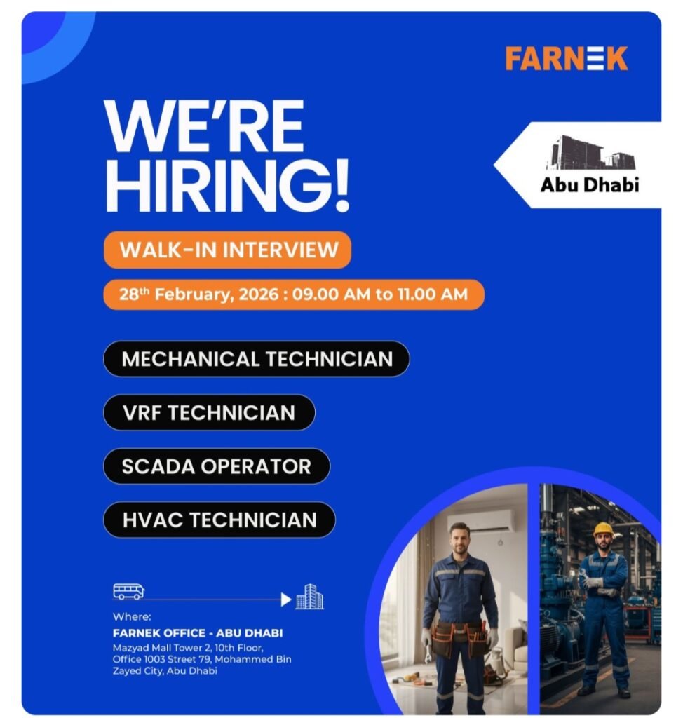 Walk-In Interview in Abu Dhabi: Farnek Services LLC Hiring Mechanical, VRF, HVAC Technicians & SCADA Operators 2026 1 Farnek Services LLC
