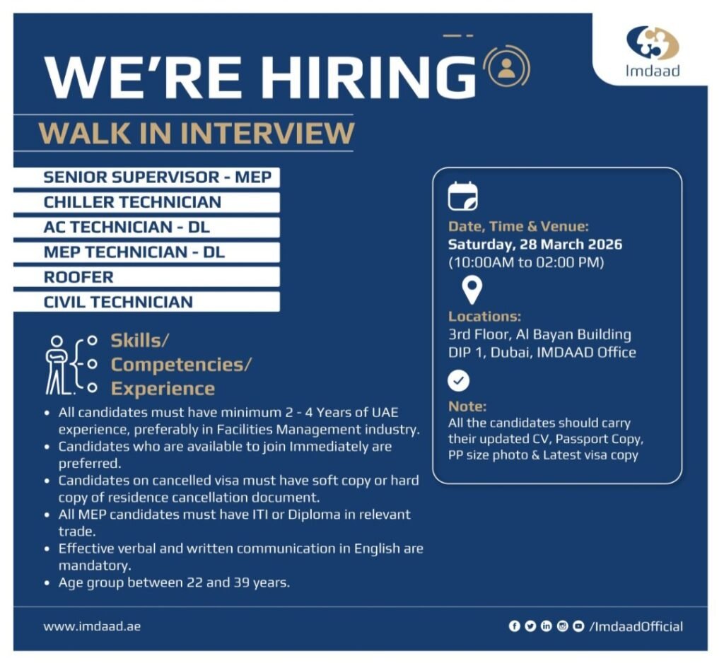 Imdaad Group Hosts Major Walk-In Interview for Skilled Professionals in Dubai 2026 1 Imdaad Group Hosts Major Walk-In Interview for