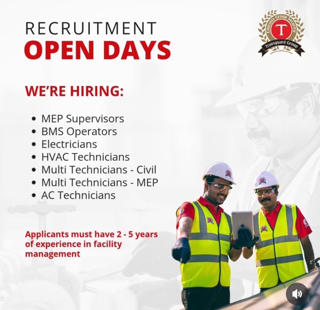 Transguard Walk-in Interviews Dubai 2026: MEP Supervisors, Electricians & More – Al Quoz & Jebel Ali Open Days