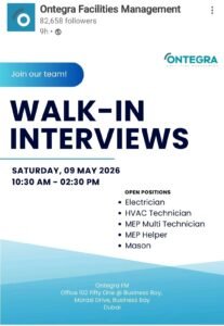 Ontegra Facilities Management Walk-In Interviews: Multiple Jobs in Dubai (May) 1 Ontegra Facilities Management Walk-In Interviews: Multiple Jobs in Dubai (May)