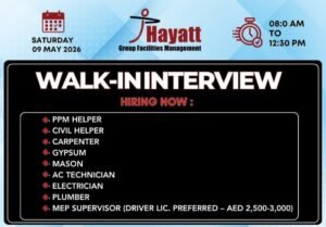 Walk-In Interview in Abu Dhabi: Hayatt Group Hiring Multiple Facility Management Roles (9 May 2026)