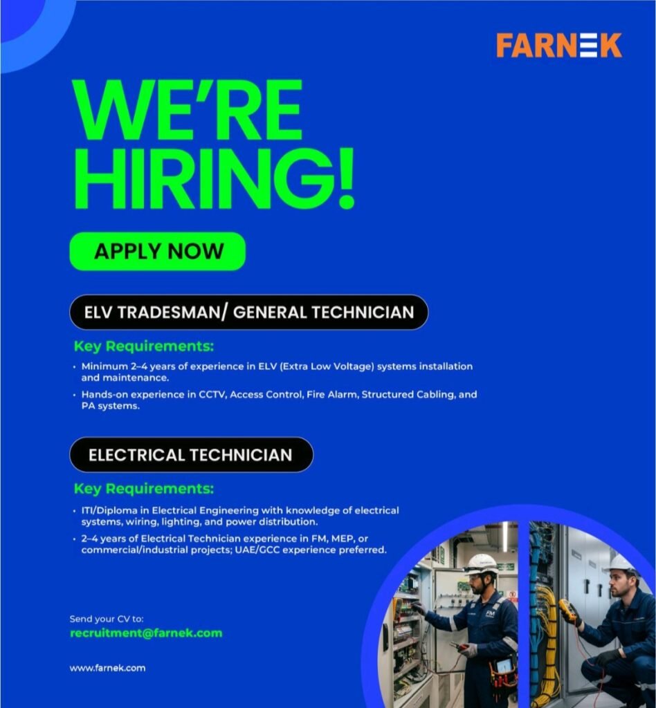 Farnek Services LLC Careers 2026: ELV Tradesman & Electrical Technician Jobs in UAE
