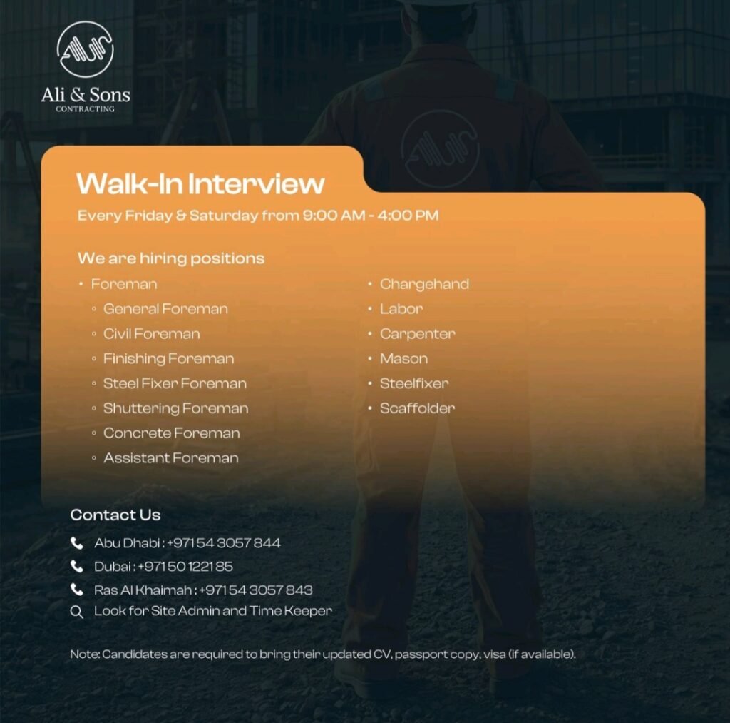 Ali & Sons Contracting Walk-In Interview 2026 – UAE Construction Jobs in Abu Dhabi, Dubai & Ras Al Khaimah 1 Ali & Sons Contracting Walk-In Interview 2026 – UAE Construction Jobs in Abu Dhabi, Dubai & Ras Al Khaimah