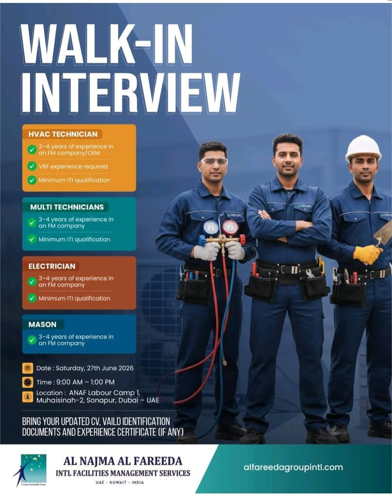 Al Najma Al Fareeda Walk-In Interview 2026: HVAC Technician, Electrician, Multi Technician & Mason Jobs in Dubai 1 Al Najma Al Fareeda Walk-In Interview 2026: HVAC Technician, Electrician, Multi Technician & Mason Jobs in Dubai